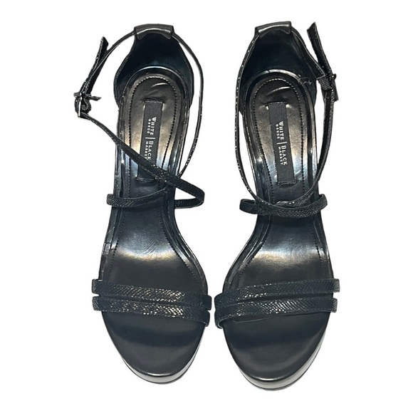 White House Black Market Leighton Wedge Jet Black Embossed Lizard Strap Sandal - Picture 1 of 6